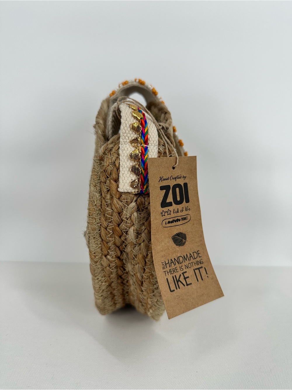 ZOI By Mufubu 100% Hand Crafted Round Woven Jute Beaded Crossbody Hand Bag NWT - Picture 16 of 16